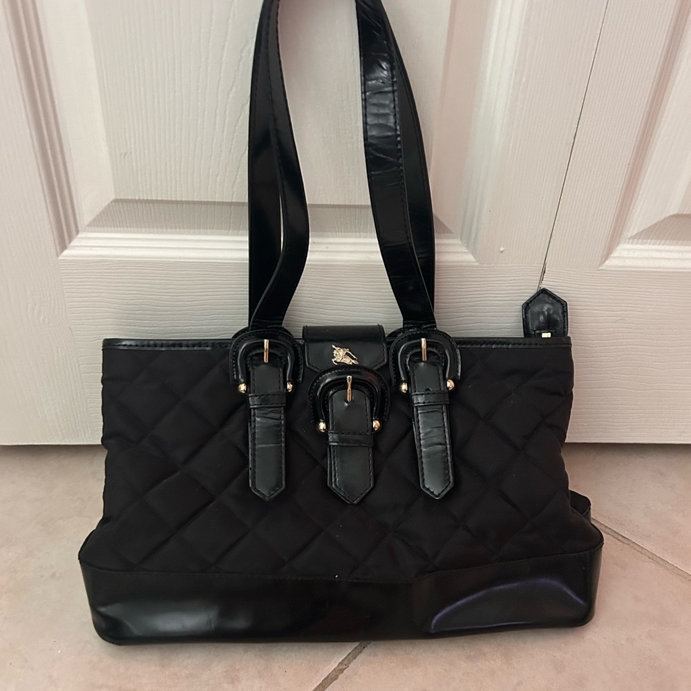 Burberry Black Quilted Shoulder Tote with Buckle Details